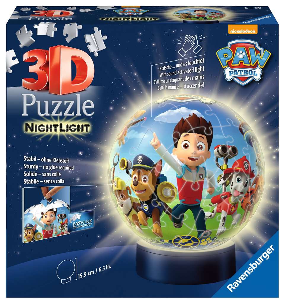 Ravensburger - Puzzle 3D Ball - Pat'Patrouille - A partir de 6 ans - 72  pièces numérotées à assembler sans colle - Support inclus - Diamètre : 13  cm 